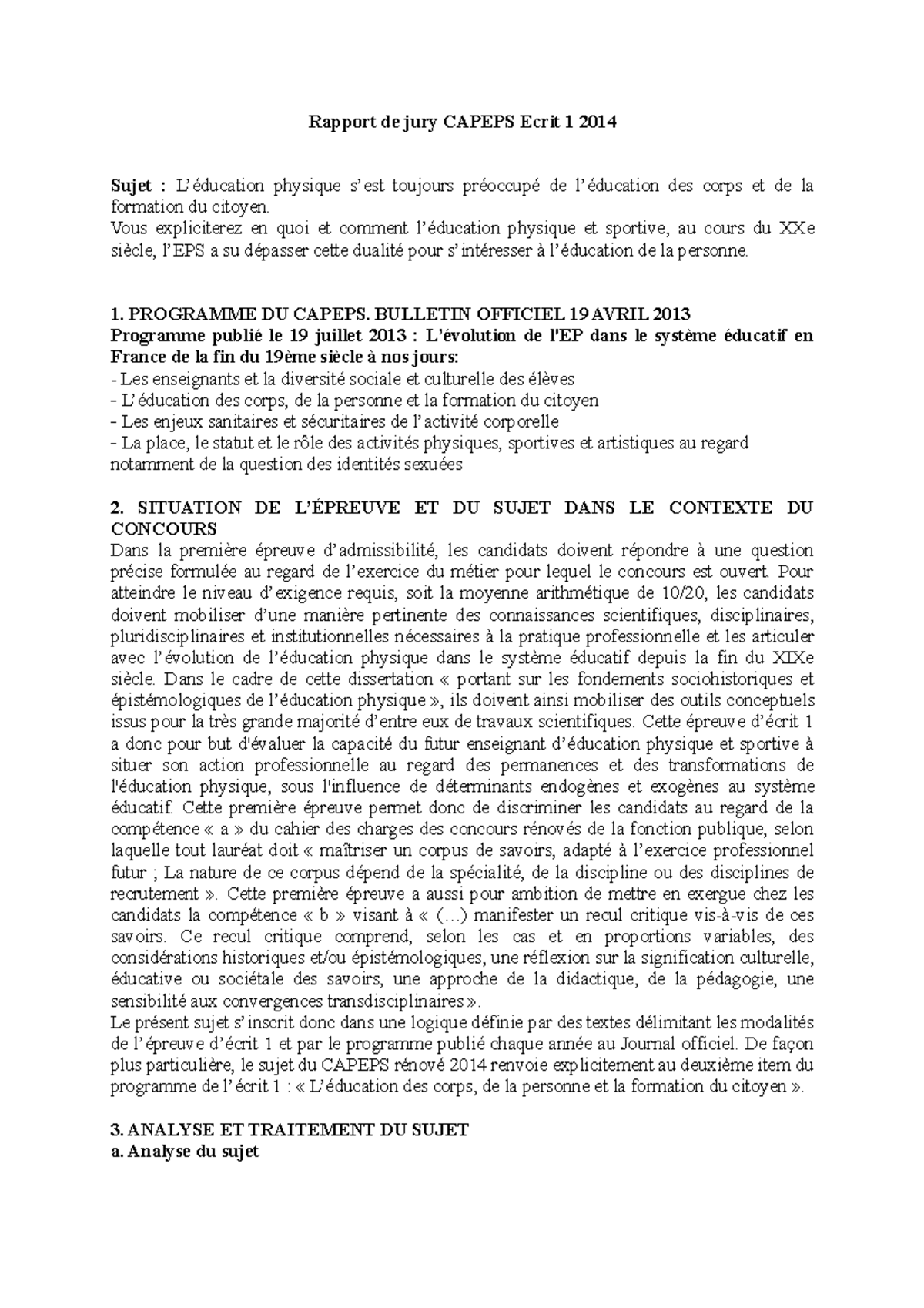 Rapport de jury 2014 Histoire Rapport de jury CAPEPS Ecrit 1 2014 Sujet L’éducation
