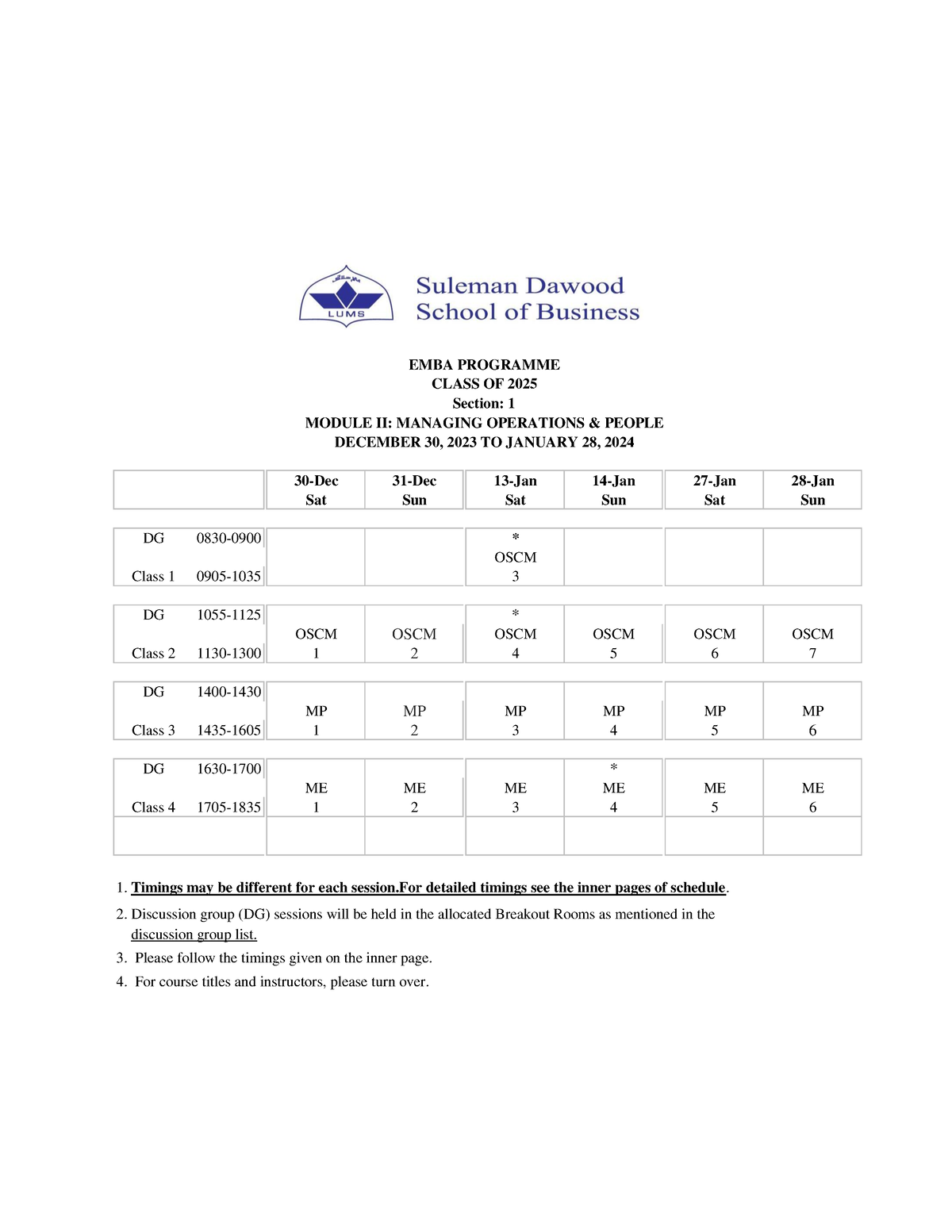 EMBA 2025 ModuleIISchedule ( Dec 30, 2023 till Jan 28, 2024 ) Section