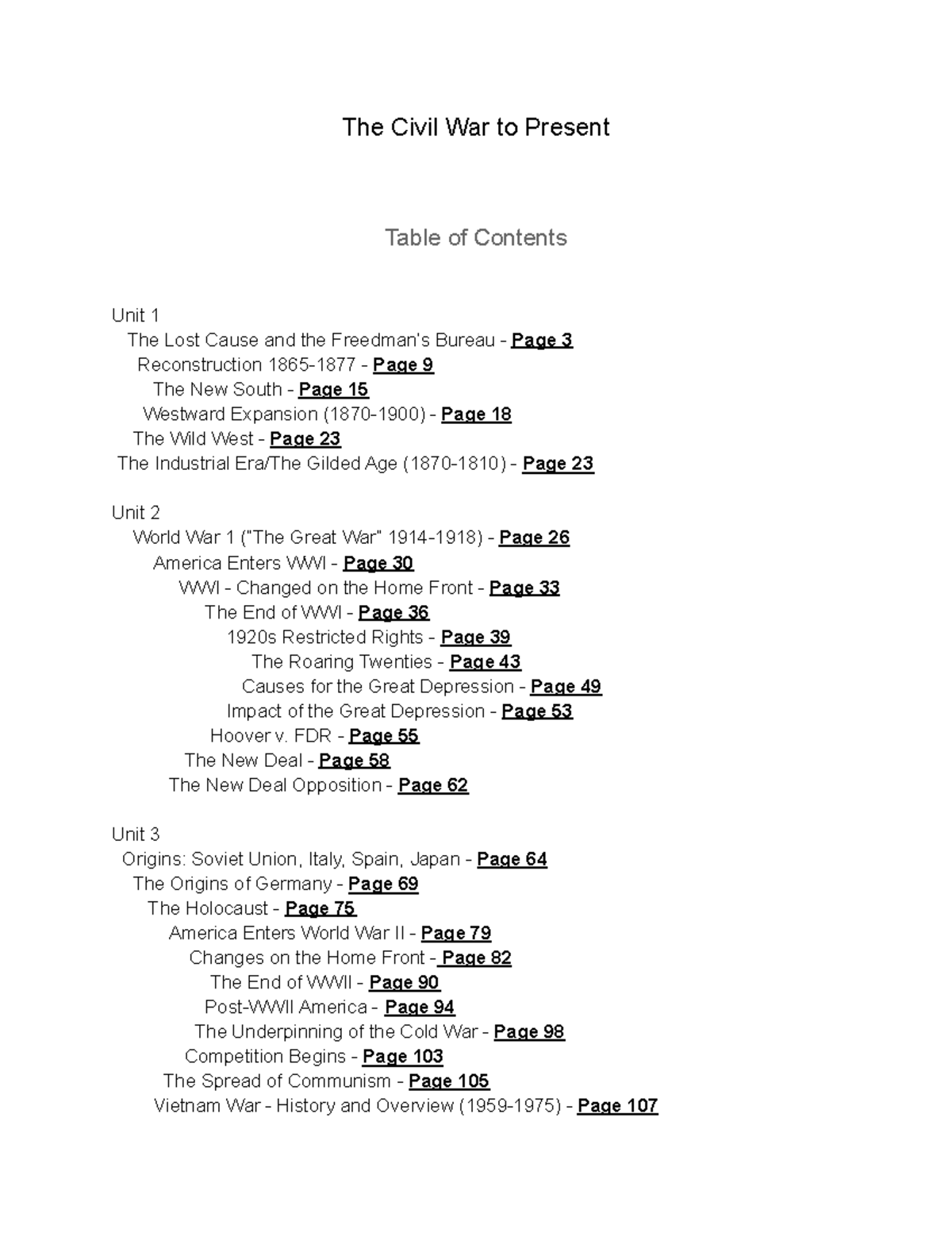History Notes Part 2 - The Civil War to Present Unit Table of Contents ...
