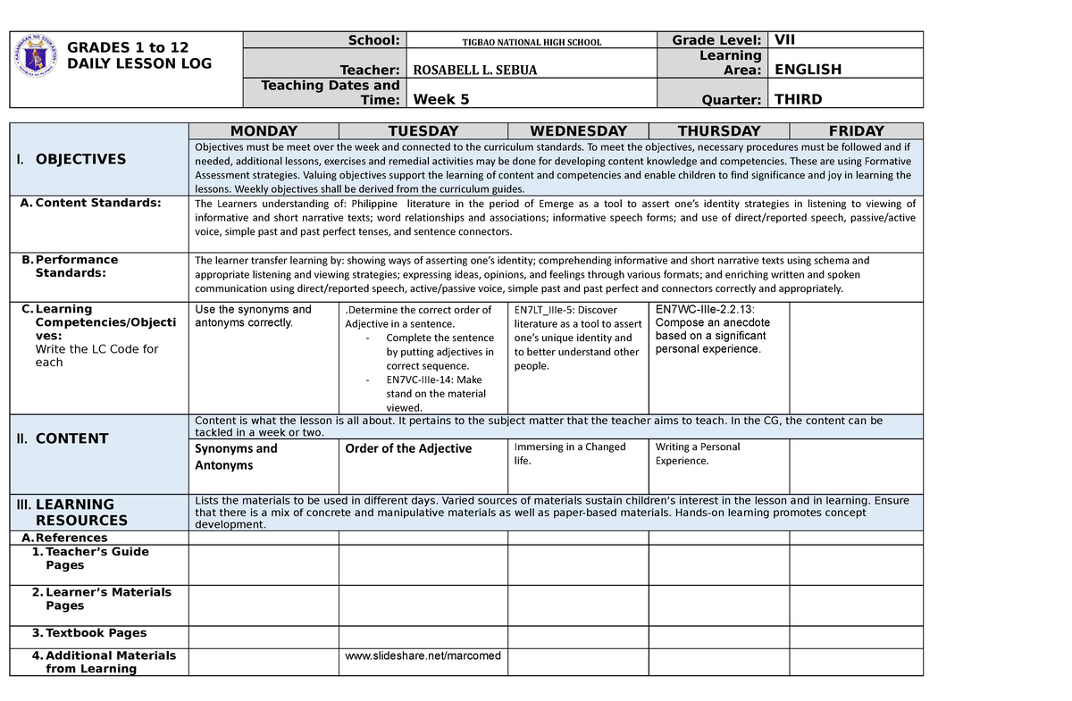 dll-3rd-qrtr-week-5-daily-lesson-logs-for-grade-7-grades-1-to-12