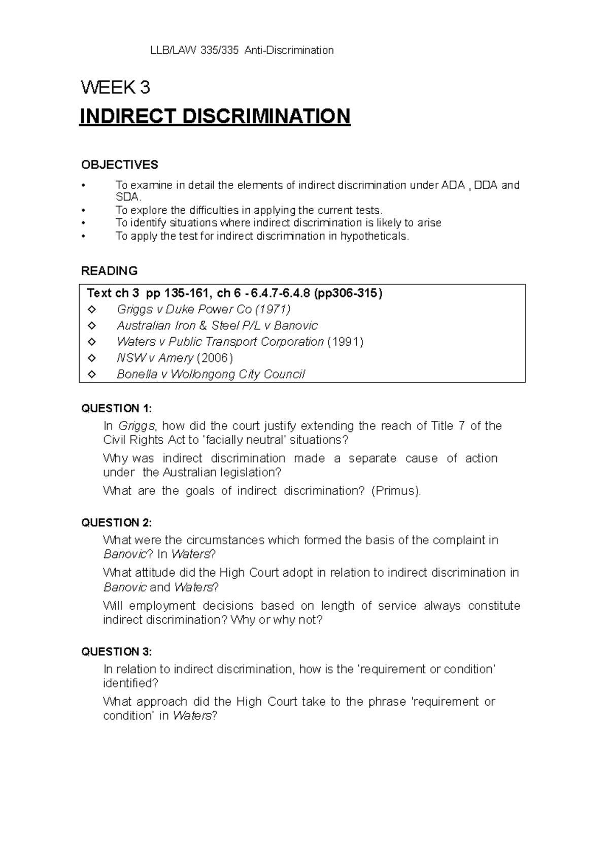 Week 3 - Seminar Questions - WEEK 3 INDIRECT DISCRIMINATION OBJECTIVES ...
