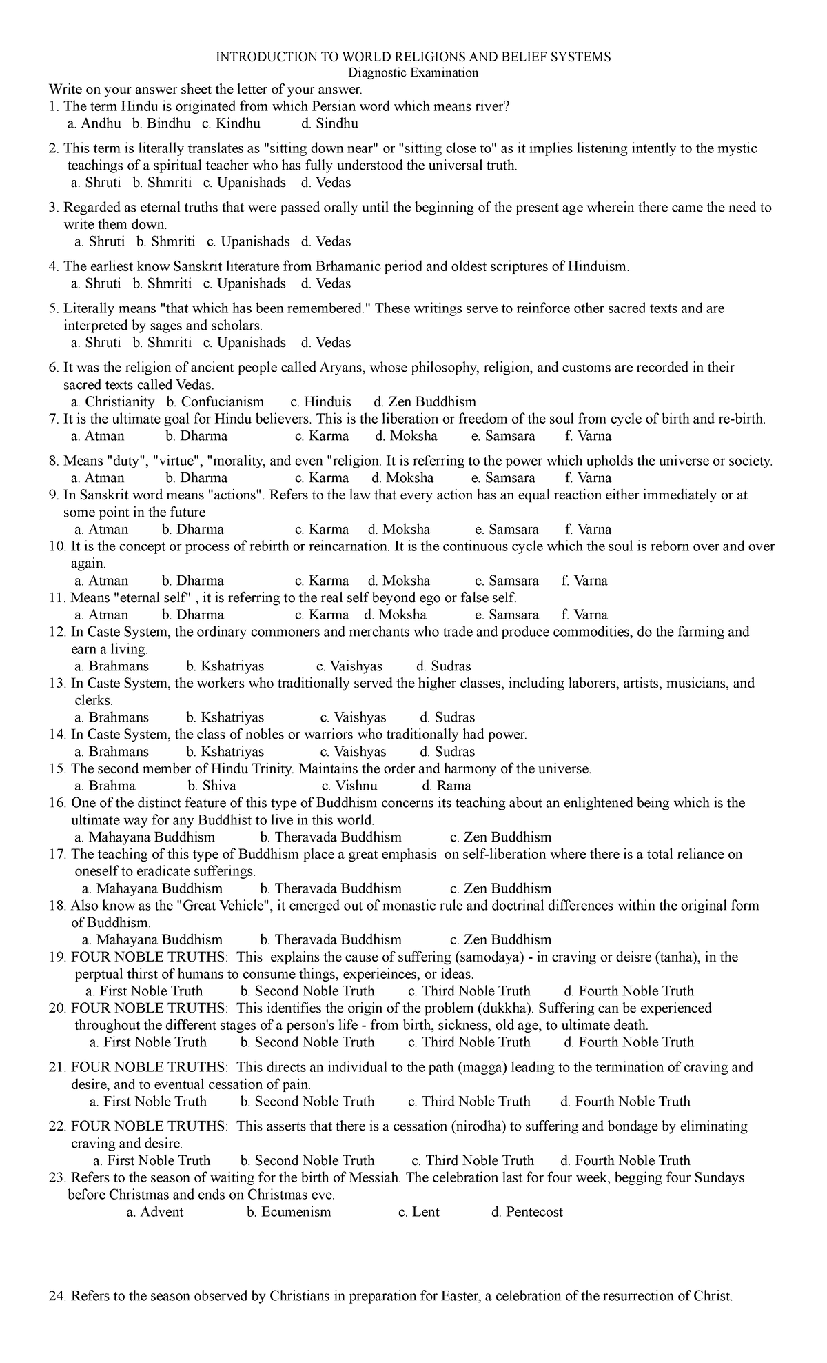 Iwrbs Diagnostic Test - Introduction To World Religions And Belief 