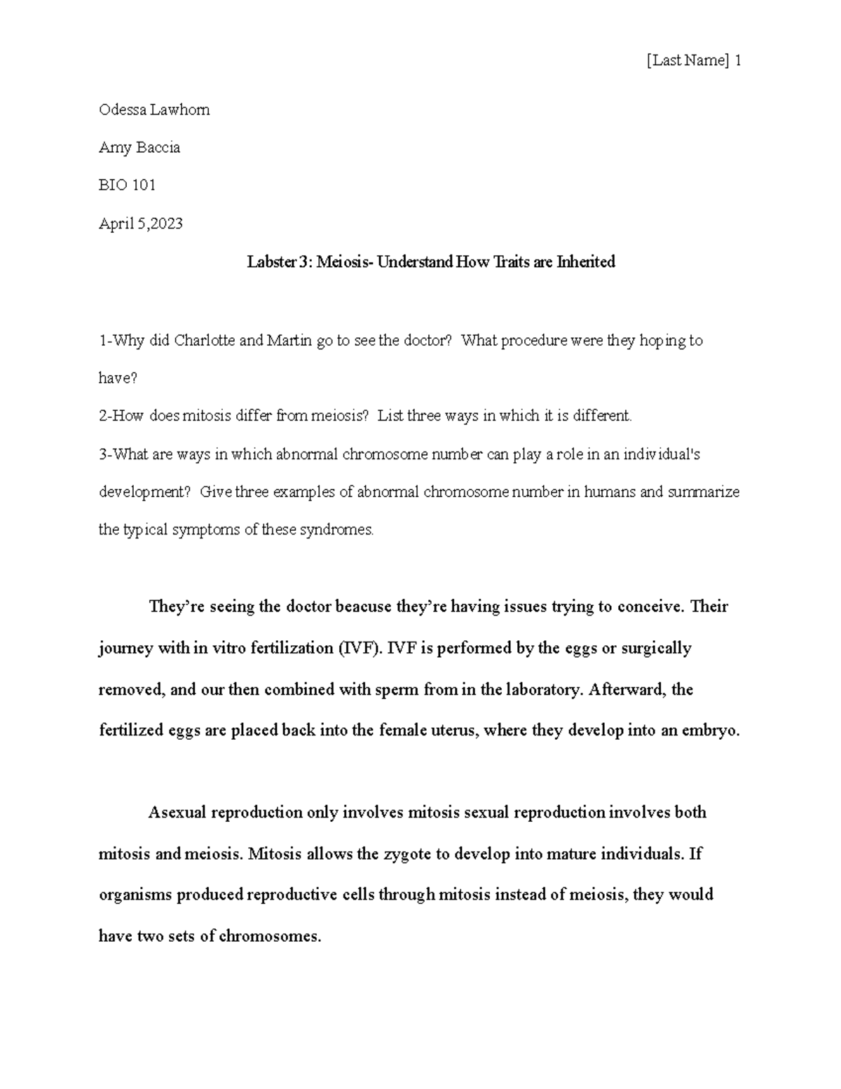 Labster 3 Meiosis Understand How Traits are Inherited [Last Name] 1