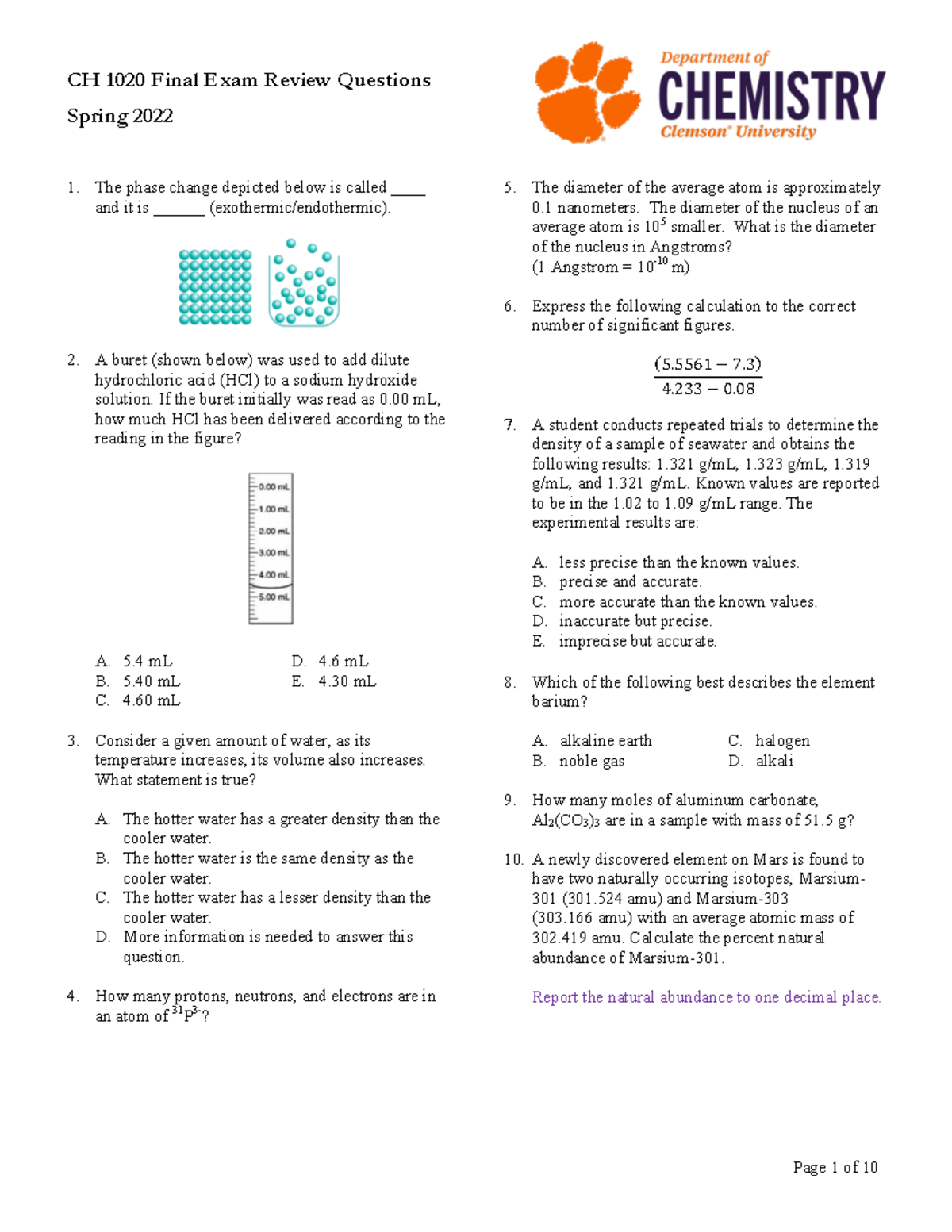 Sp22 CH1020 Final Exam Practice Questions - CH 1020 Final Exam Review ...