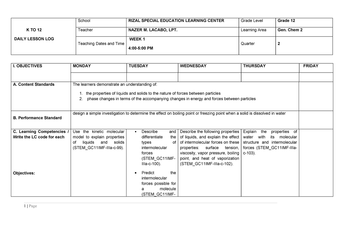 DLL Gen Chem 2 Q3 - DLL - K TO 12 DAILY LESSON LOG School RIZAL SPECIAL ...