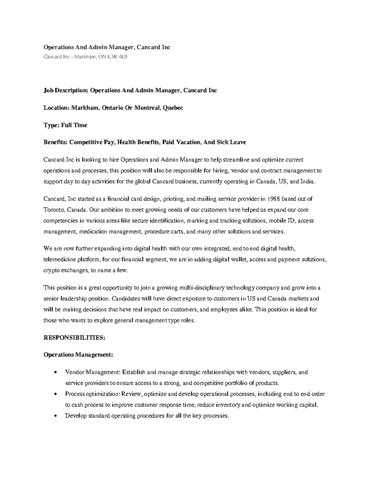Job posting - hey, there is a sample - Operations And Admin Manager ...