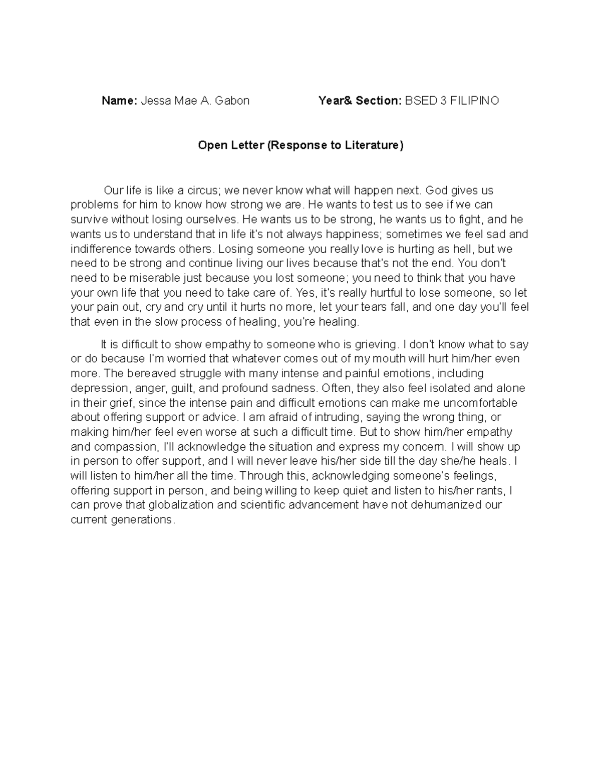 Open Letter to literature - Name: Jessa Mae A. Gabon Year& Section ...