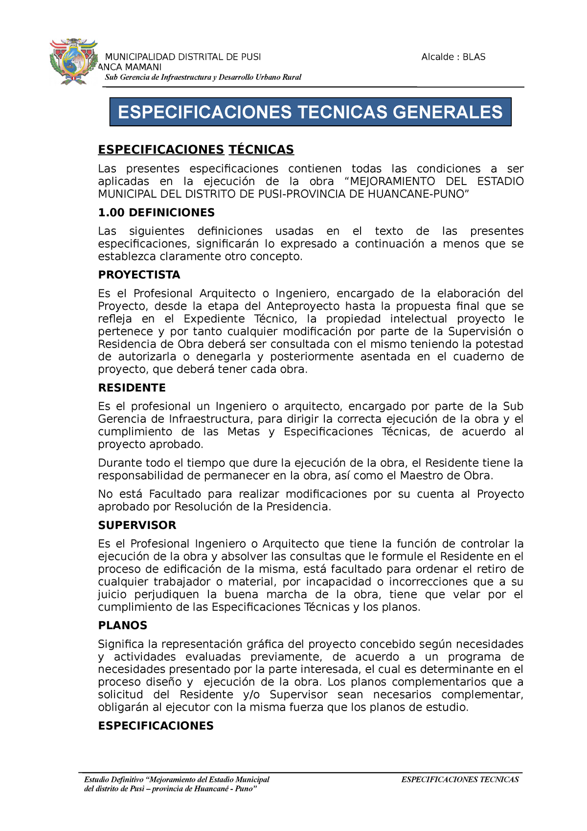 Especificaciones Tecnicas Generales - MUNICIPALIDAD DISTRITAL DE PUSI  Alcalde : BLAS HUANCA MAMANI - Studocu