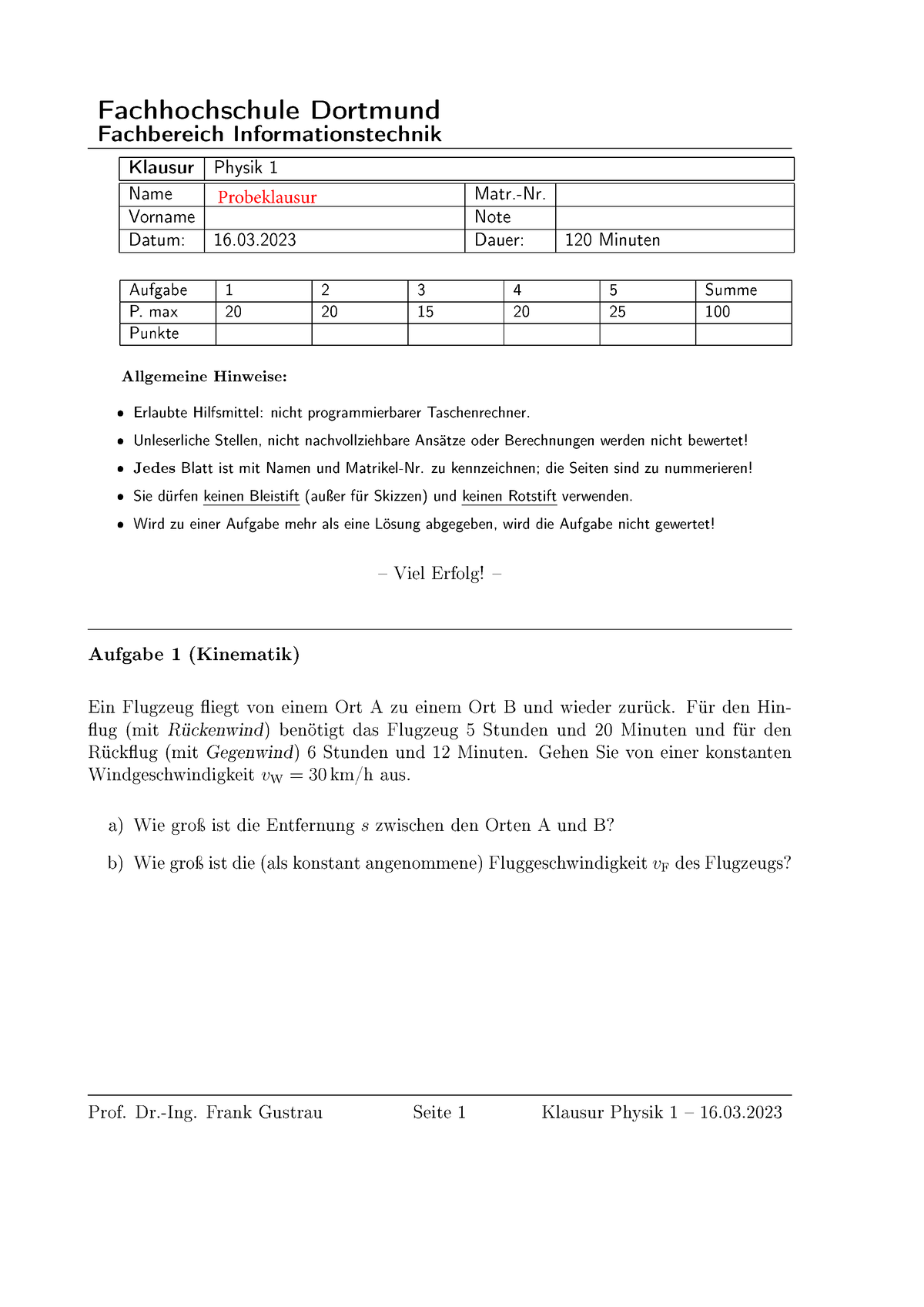 Probeklausur 2024 - Fachbereich Informationstechnik Klausur Physik 1 ...