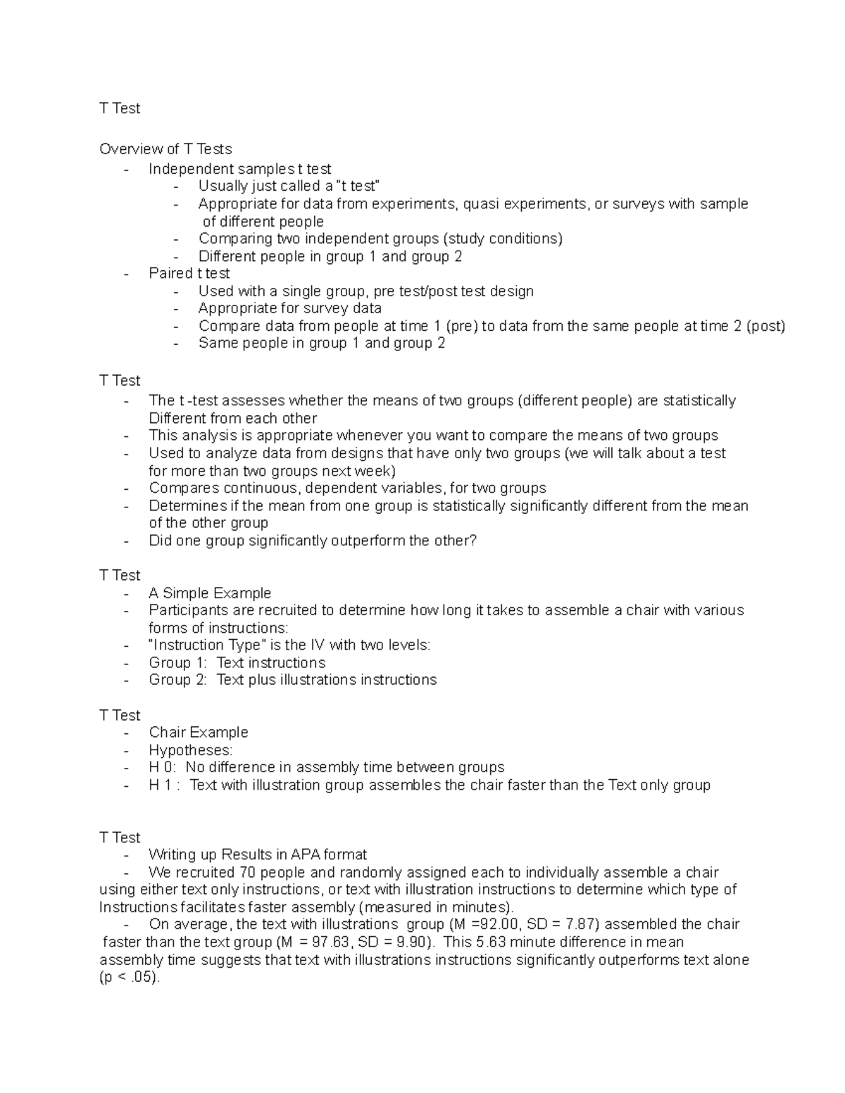 T Test - Lecture notes T Test - T Test Overview of T Tests Independent ...
