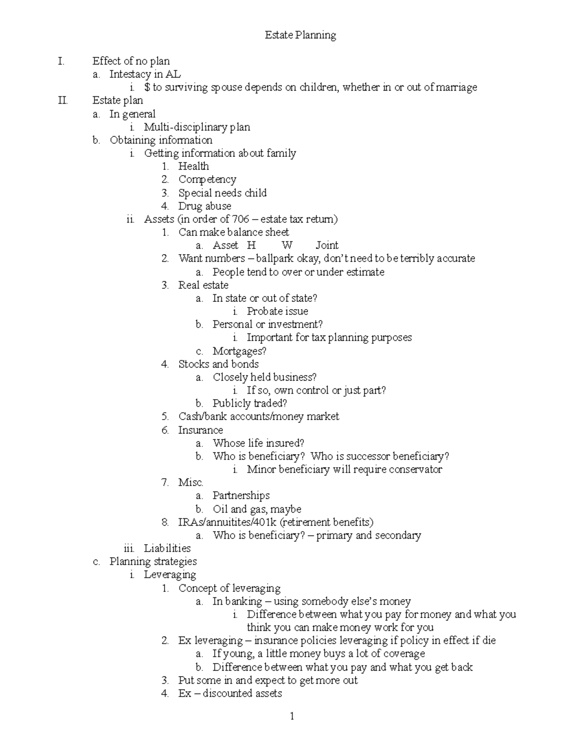 Estate Planning Outline Spring 2019 Estate Planning I. Effect of no