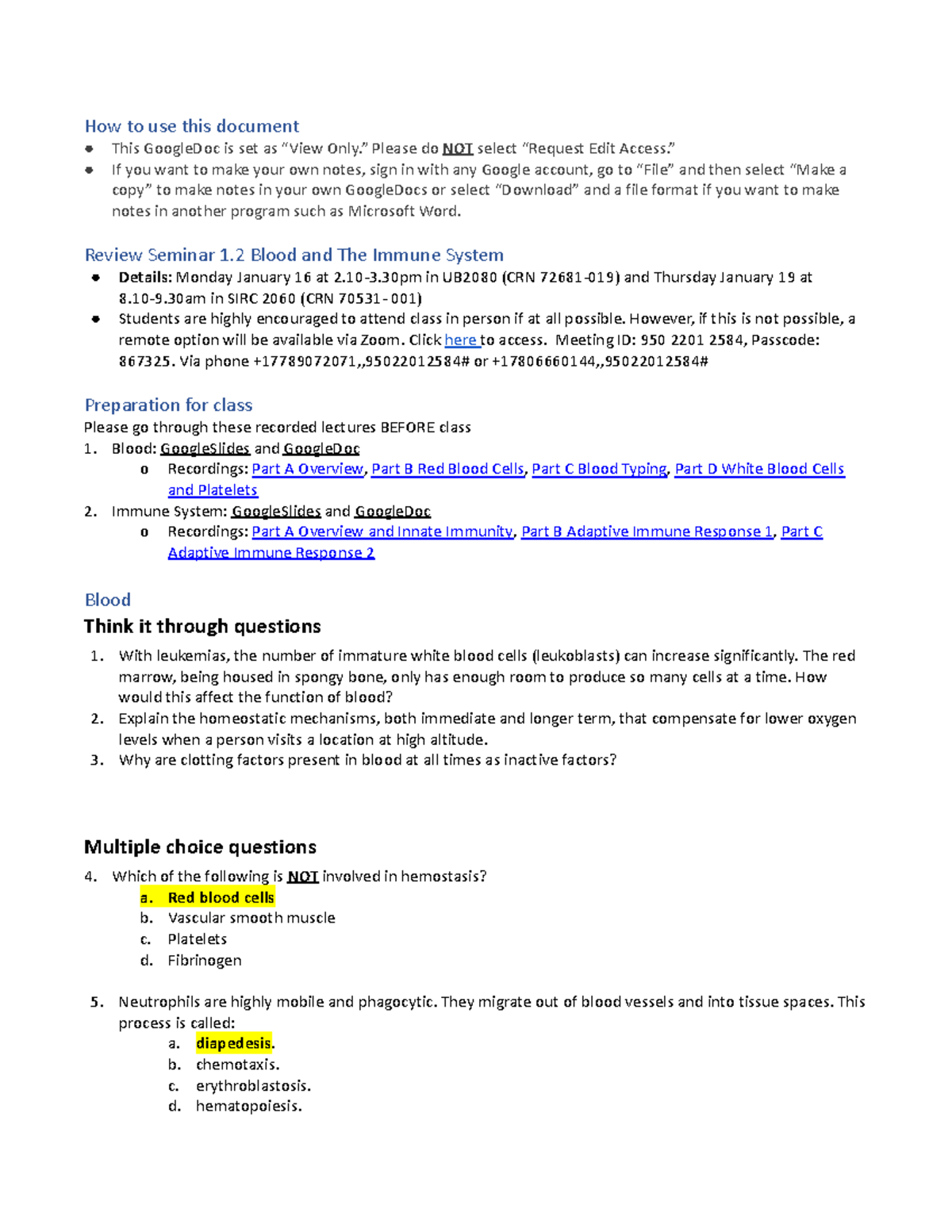 (filled) Review class 1.2 Blood and the Immune System - How to use this ...