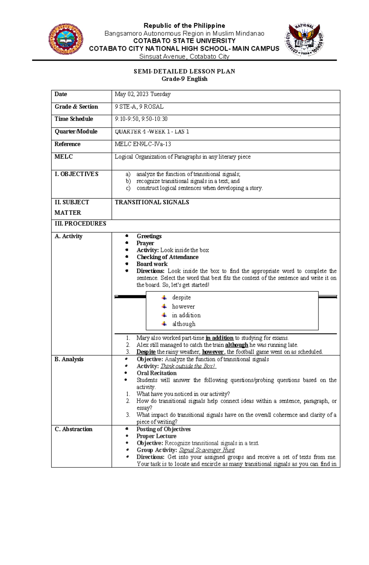 10th Demo Lesson Plan Transitional Signals Republic Of The Philippine Bangsamoro Autonomous