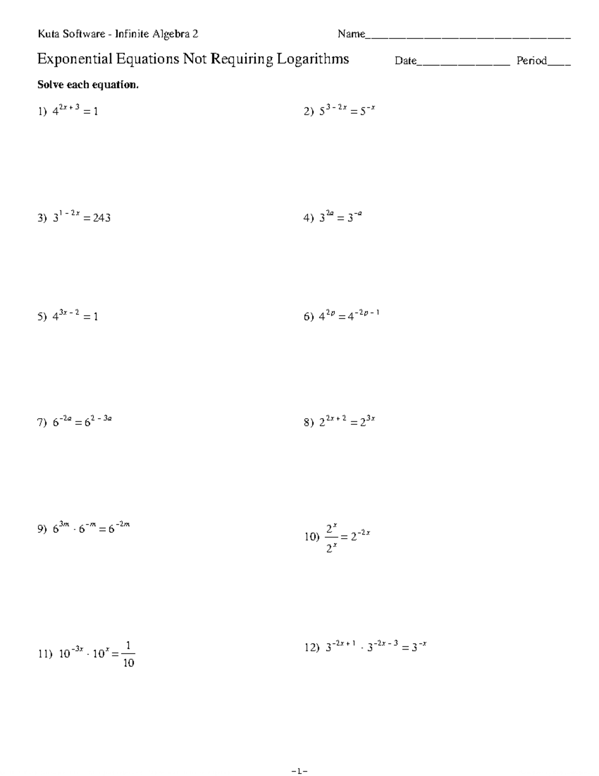 Exponential Equations Not Requiring Logarithms - © 7 f 2404162 Y ...