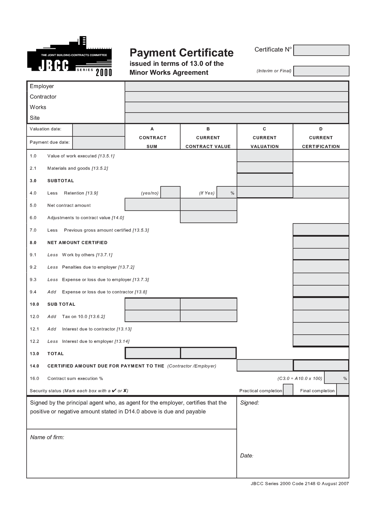 2148 Pay Cert Mwa Aug 07 - Jbcc Contract Form - Dpd4251 - Unisa - Studocu