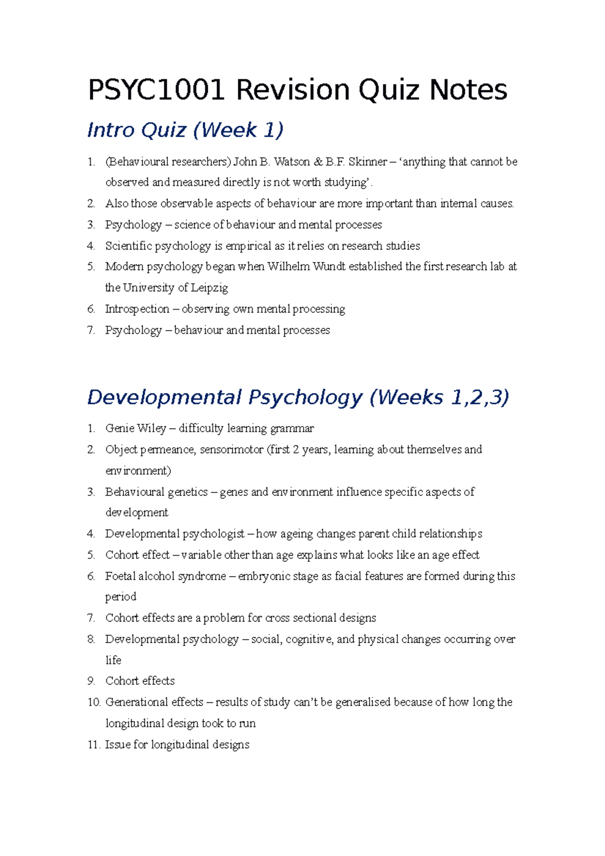 PSYC1001 Revision Quiz Notes - Watson & B. Skinner – ‘anything That ...