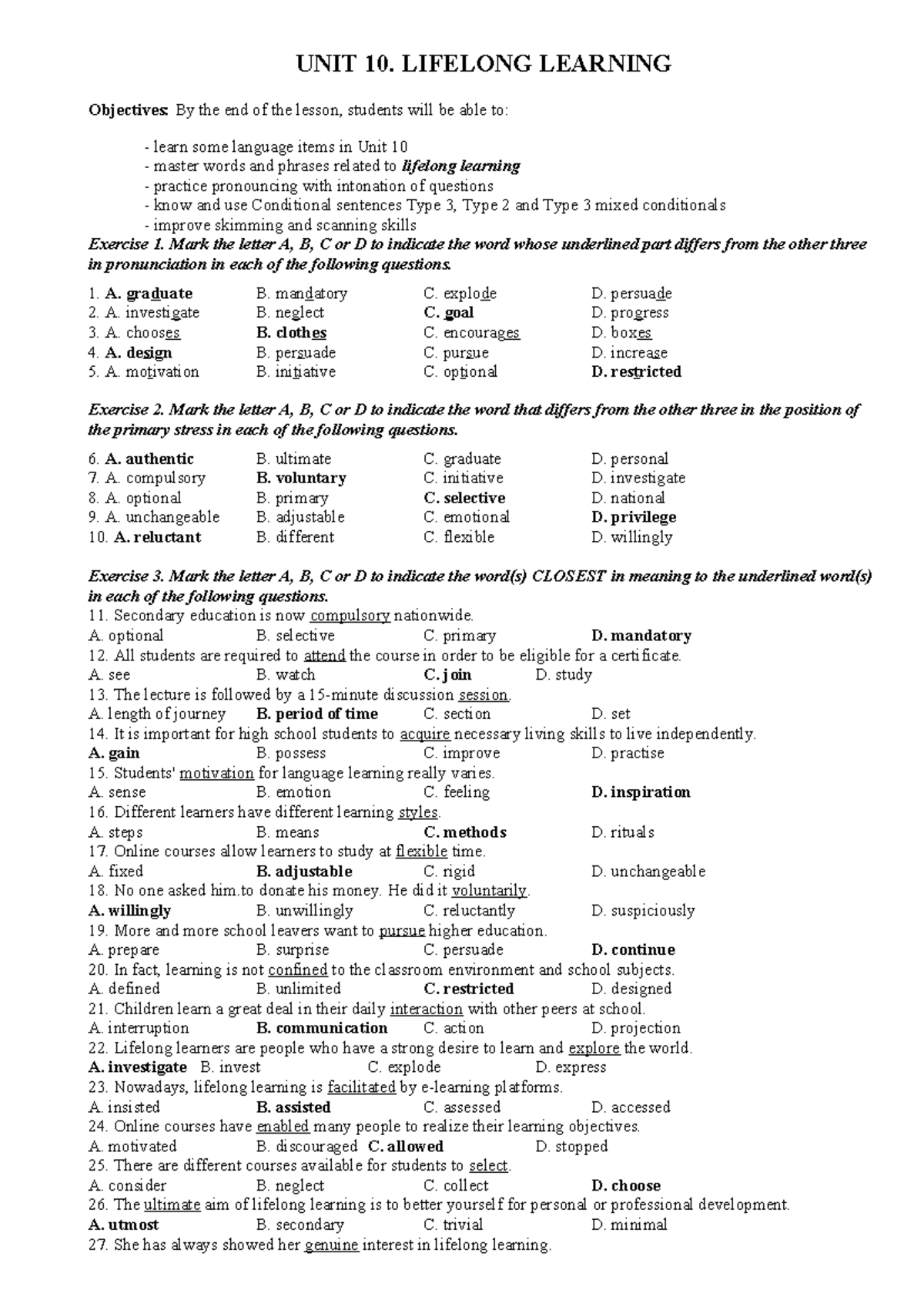 KEY UNIT 10 - UNIT 10. LIFELONG LEARNING Objectives: By the end of the ...