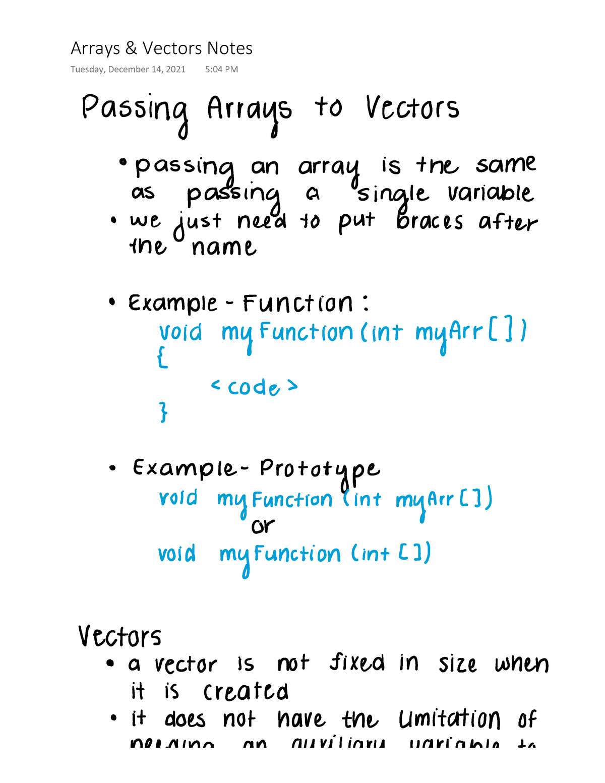 Arrays And Vectors - Arrays Vectors Notes Tuesday, December 14, 2021 5: ...