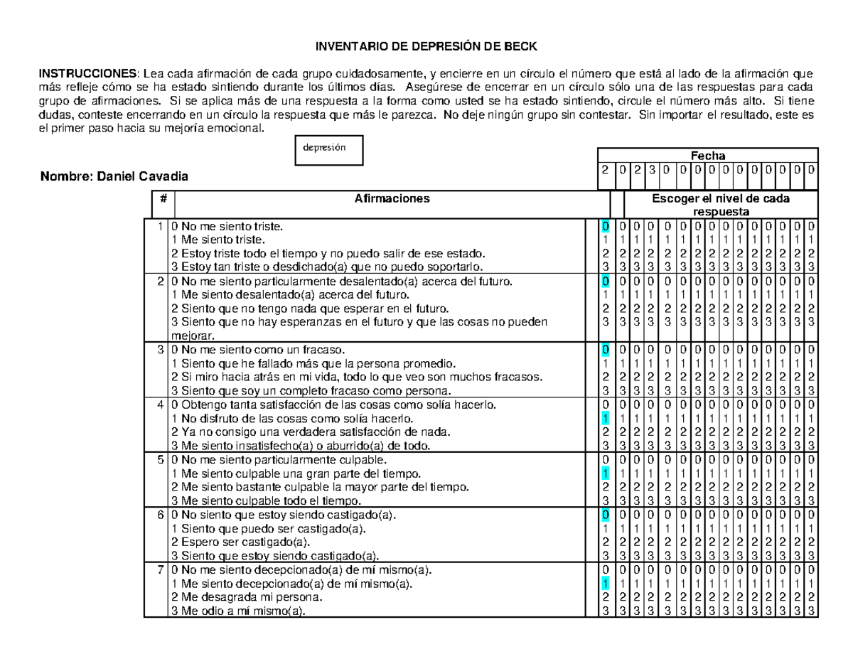 DepresiöN DE BECK - INVENTARIO DE DEPRESIÓN DE BECK INSTRUCCIONES: Lea