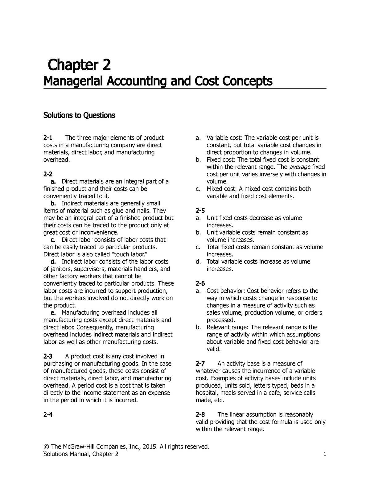 Solution - Chapter 2 (15) - Chapter 2 Managerial Accounting And Cost ...