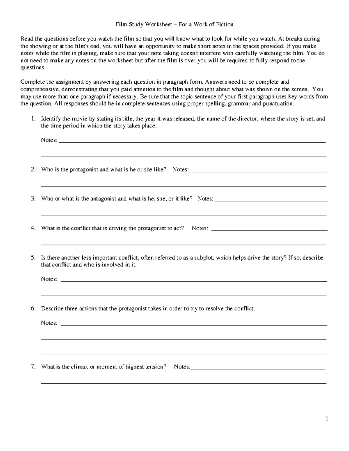 FILM AS Literature Worksheet - 1 Film Study Worksheet – For a Work of ...