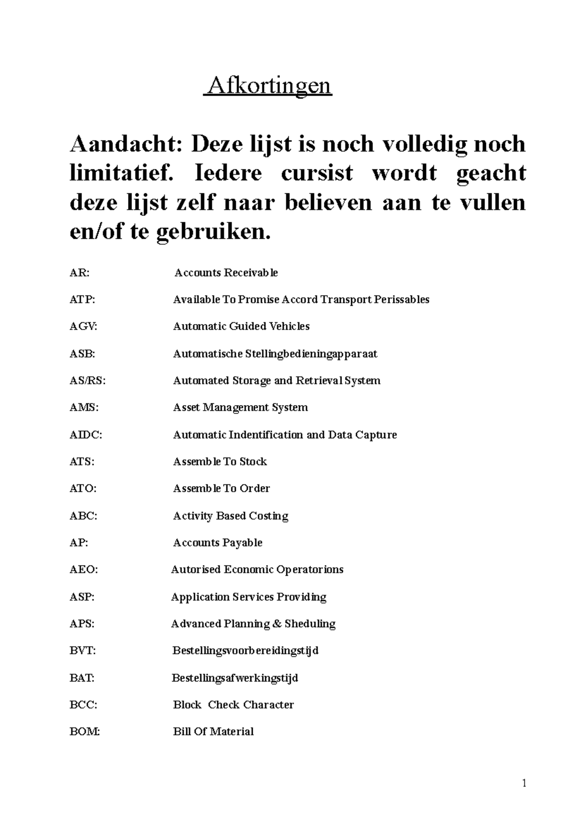 Afkortingen Voorraadbeheer - Afkortingen Aandacht: Deze Lijst Is Noch ...