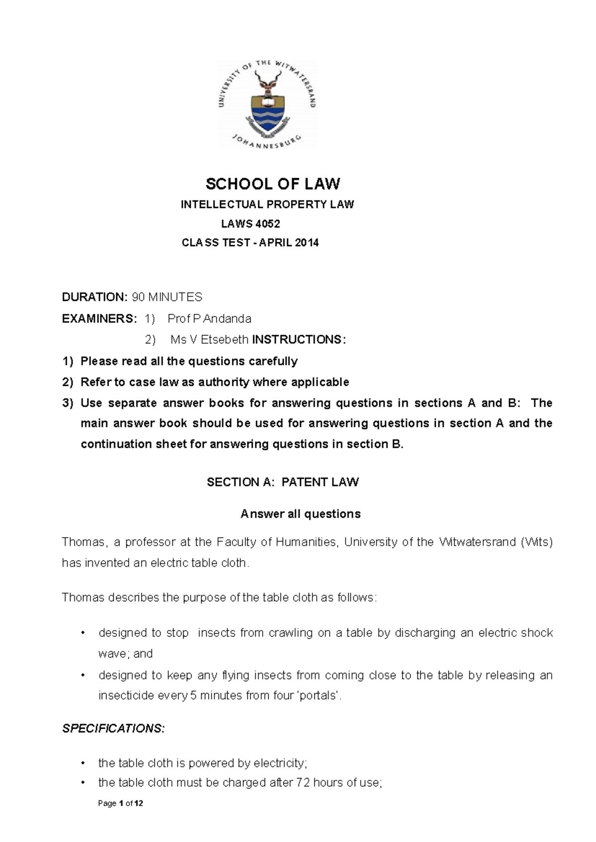 2014 +class+test - intellectual property question paper on Copyrights ...