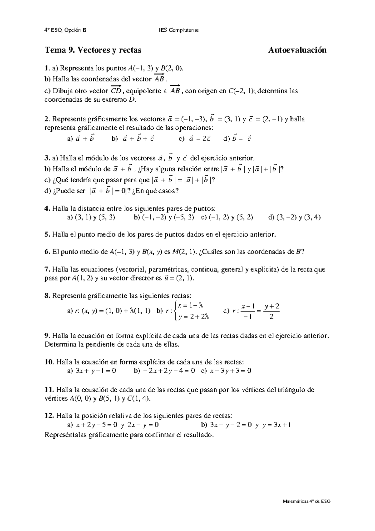 Ejercicios Vectores - 4º ESO, Opción B IES Complutense Matemáticas 4º ...