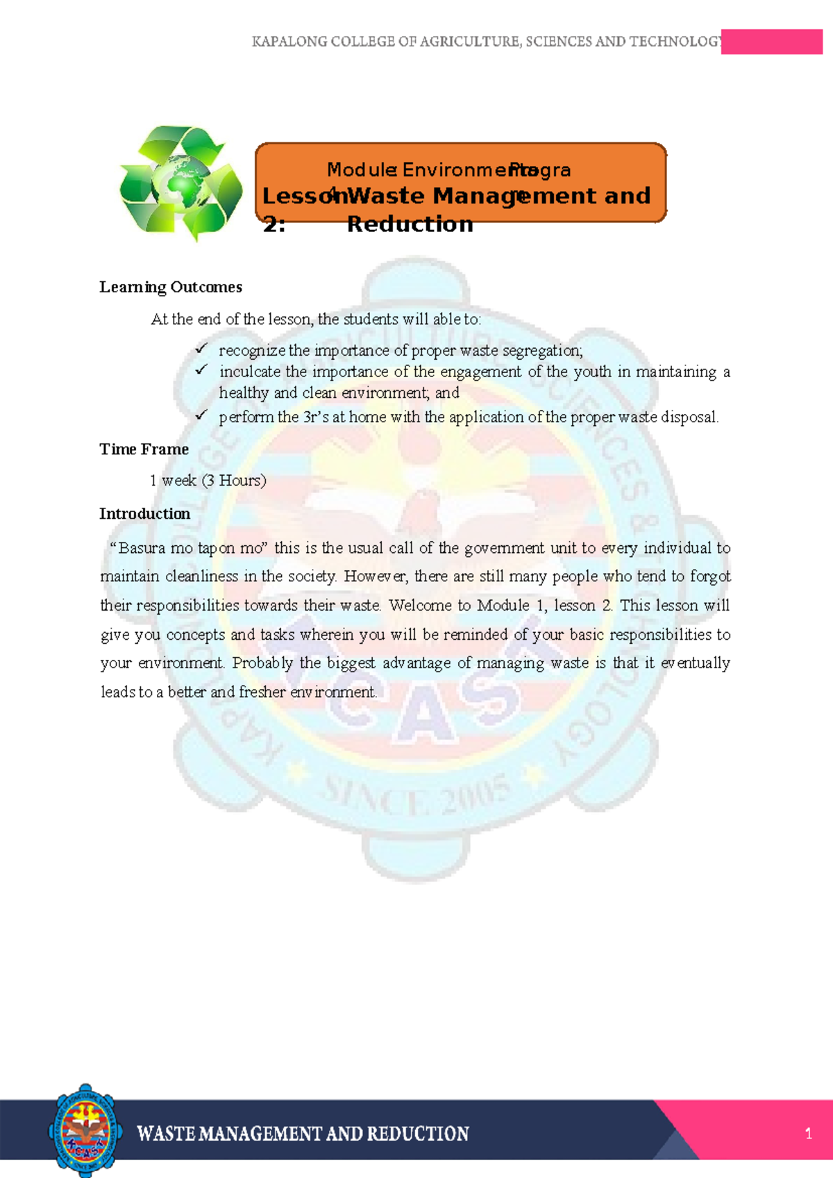 Module 4 Lesson 2 - Waste management and reduction - Learning Outcomes ...