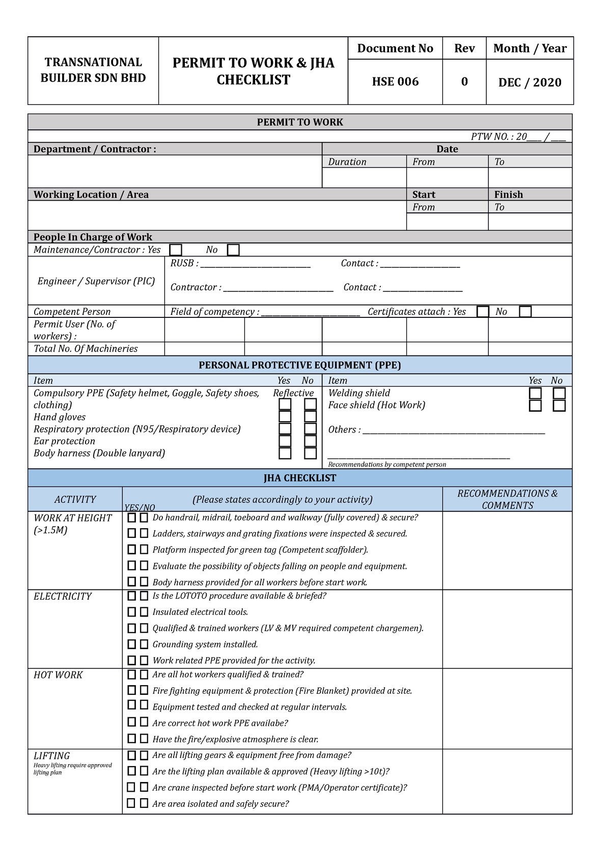 TBSB HSE 006 - Permit TO WORK - PERMIT TO WORK & JHA CHECKLIST Document