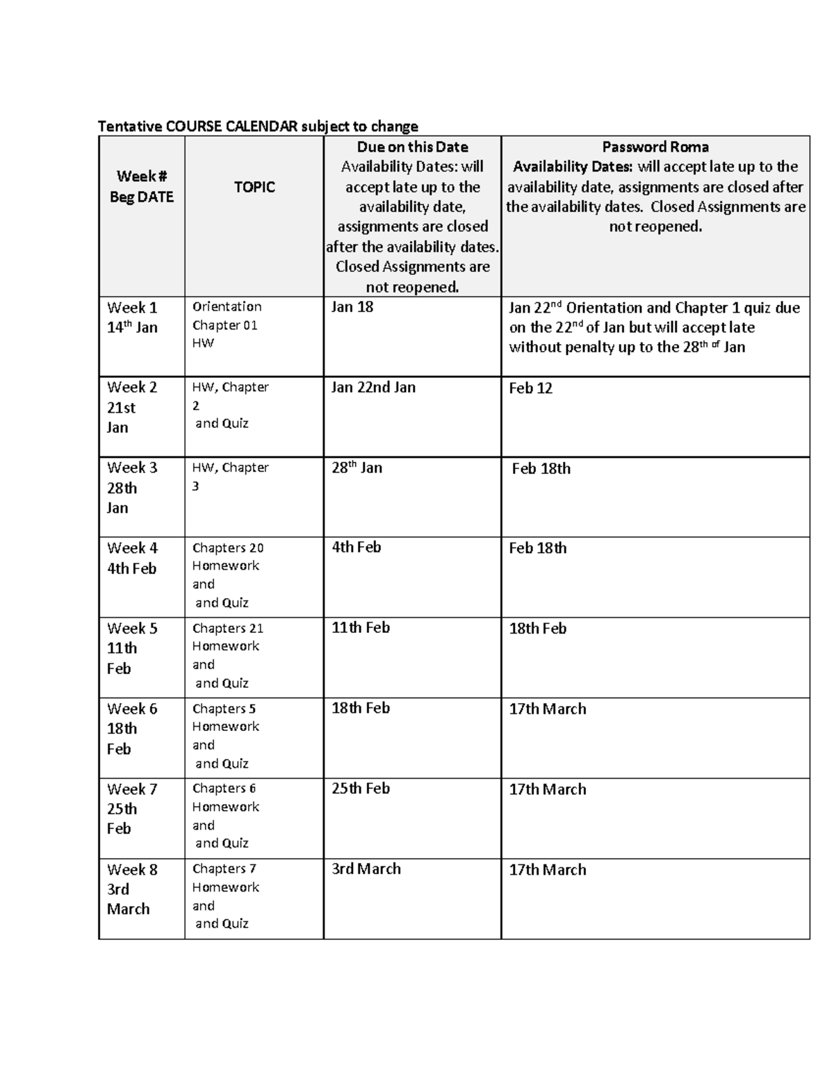 Tentative Course Calendar subject to change - Tentative COURSE CALENDAR ...
