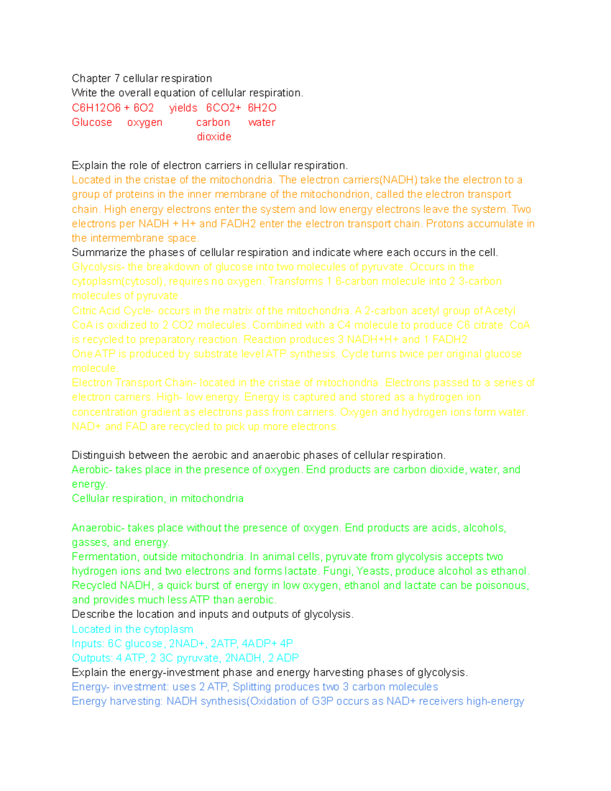 Bio Test 3 study guide - Chapter 7 cellular respiration Write the ...