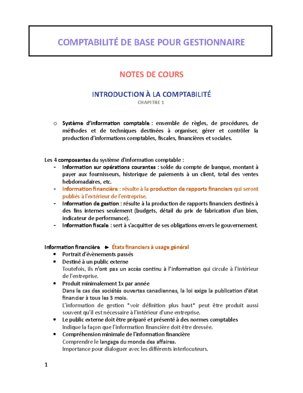 Comptabilité De Base - COMPTABILITÉ DE BASE POUR GESTIONNAIRE NOTES DE ...