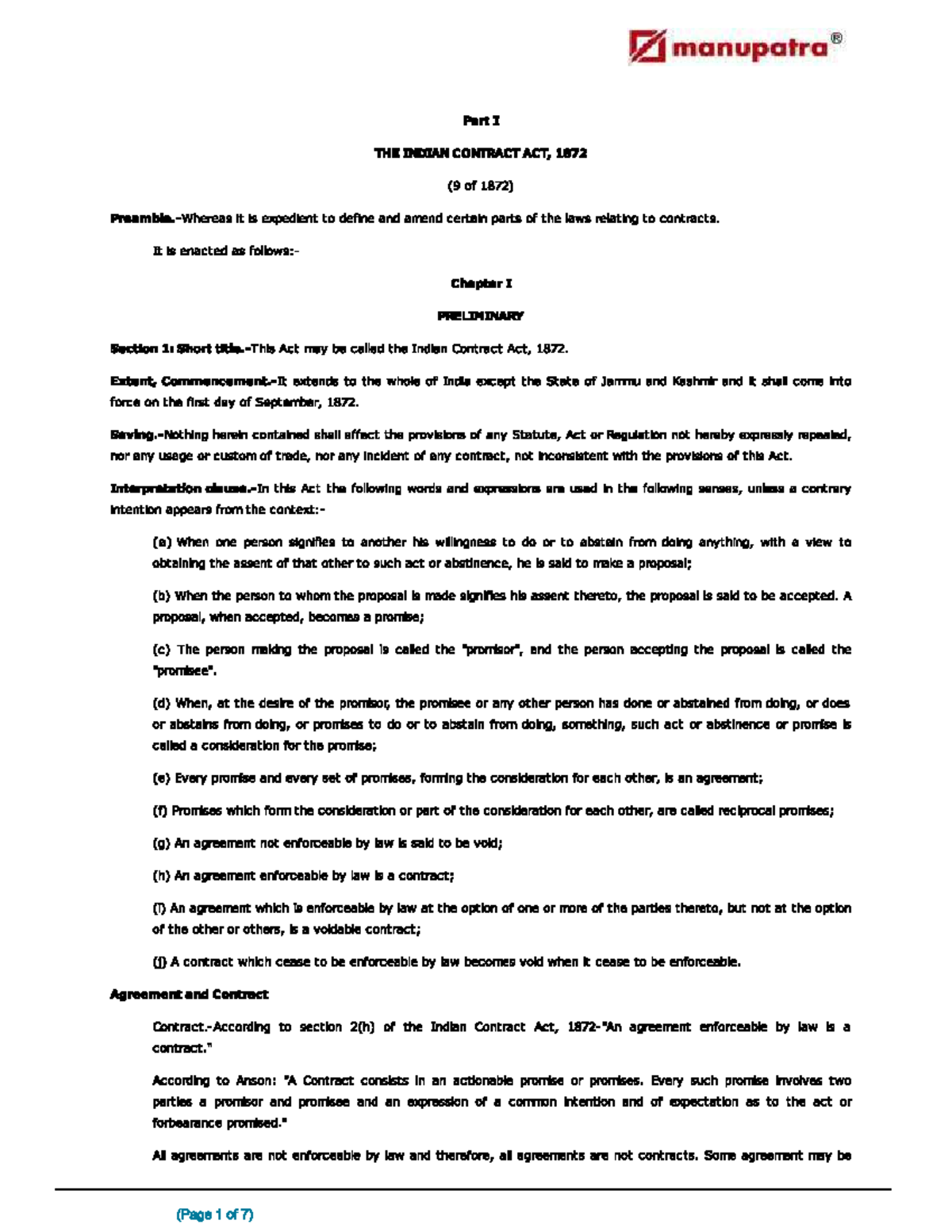 Contract - manupatra - Law of Contract I - Studocu