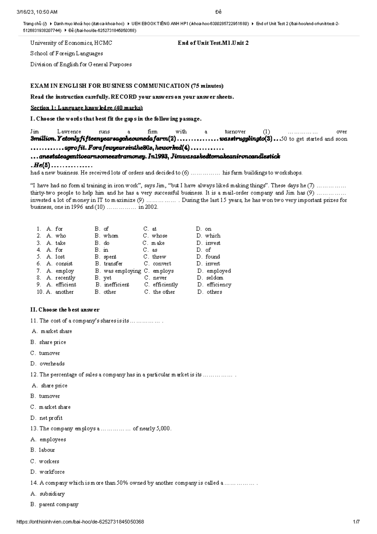 EOU Unit 2 - Trang chủ (/) Danh mục khoá học (/tat-ca-khoa-hoc) UEH ...