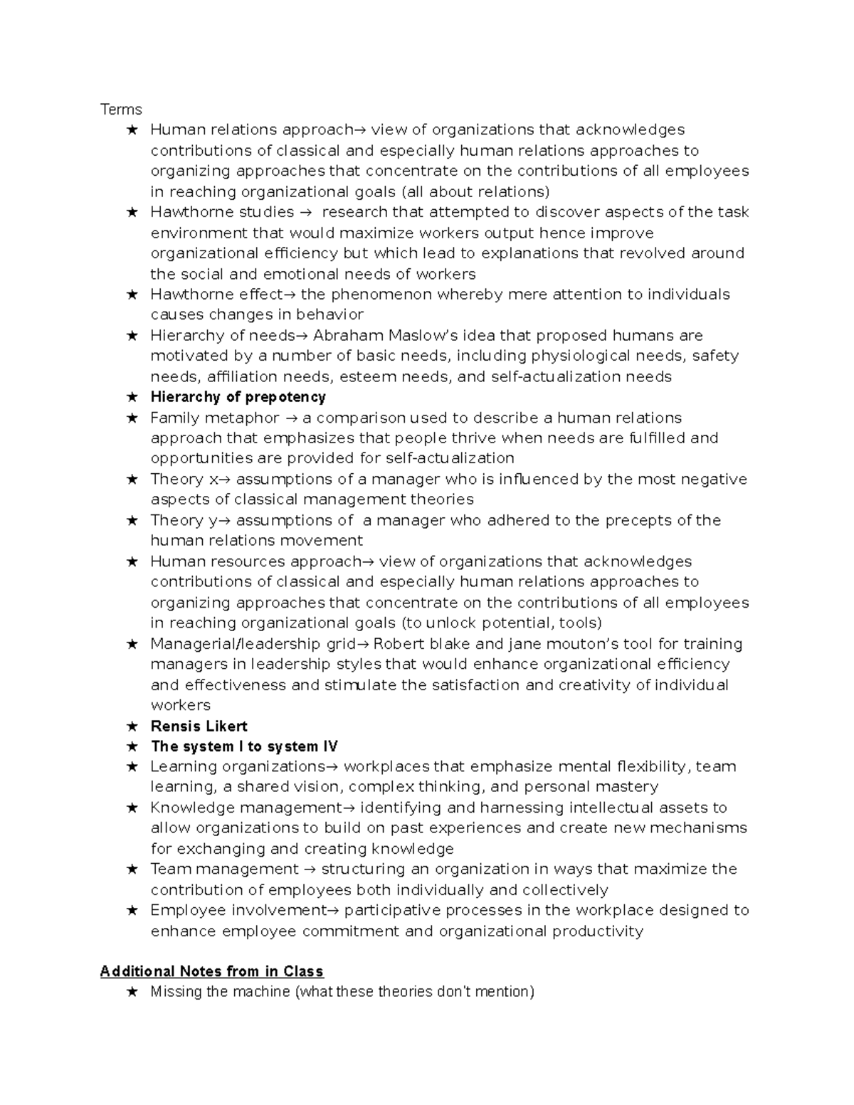 Ch 3 Notes - Terms ★ Human relations approach→ view of organizations ...