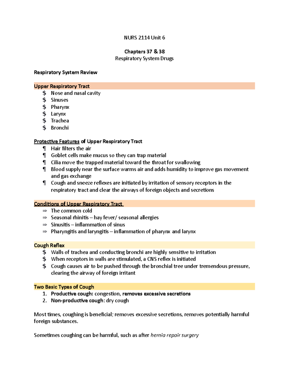 Respiratory Drugs - Lecture notes Unit 6 - NURS 2114 Unit 6 Chapters 37 ...