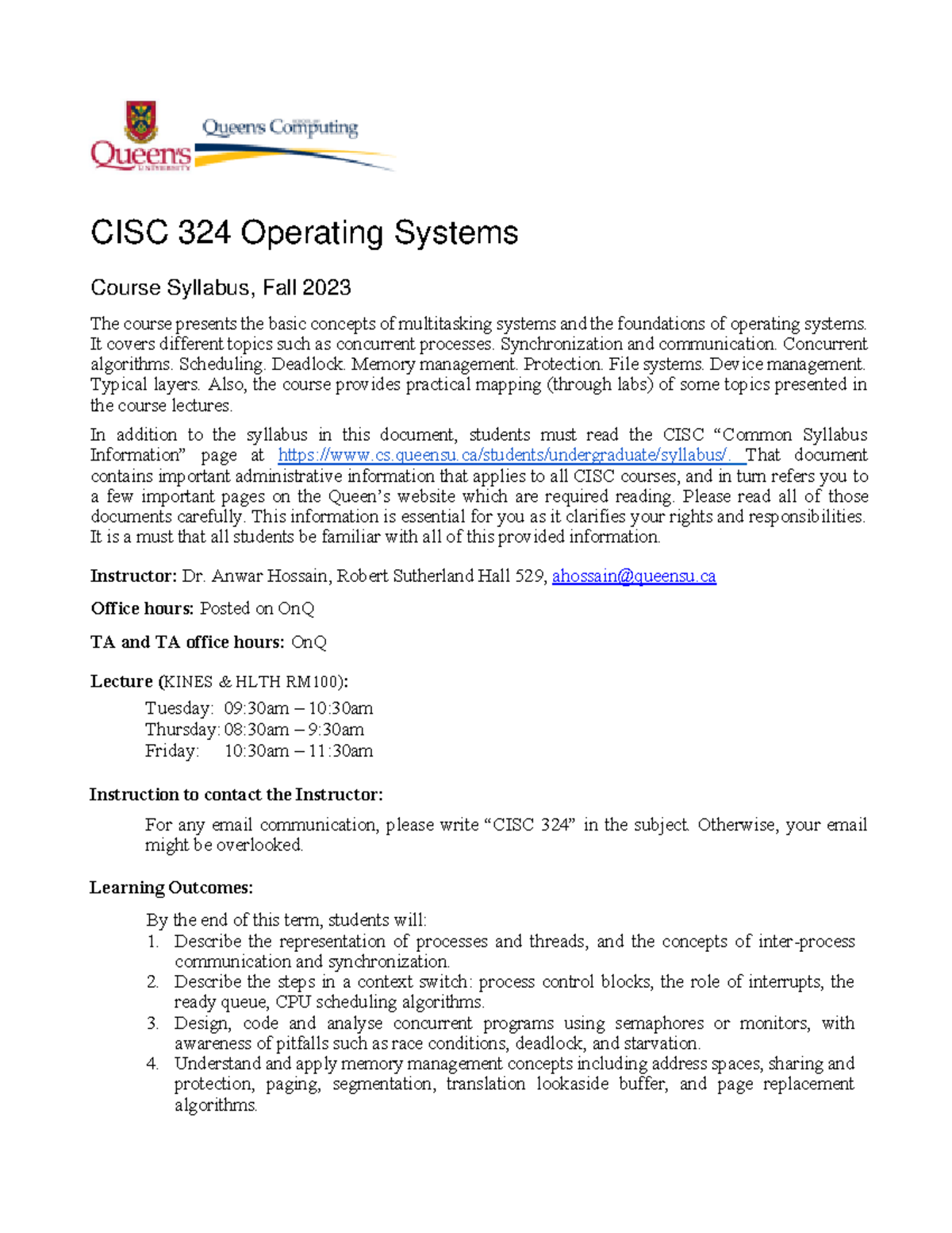 CISC324 Syllabus Fall 2023 - CISC 324 Operating Systems Course Syllabus ...