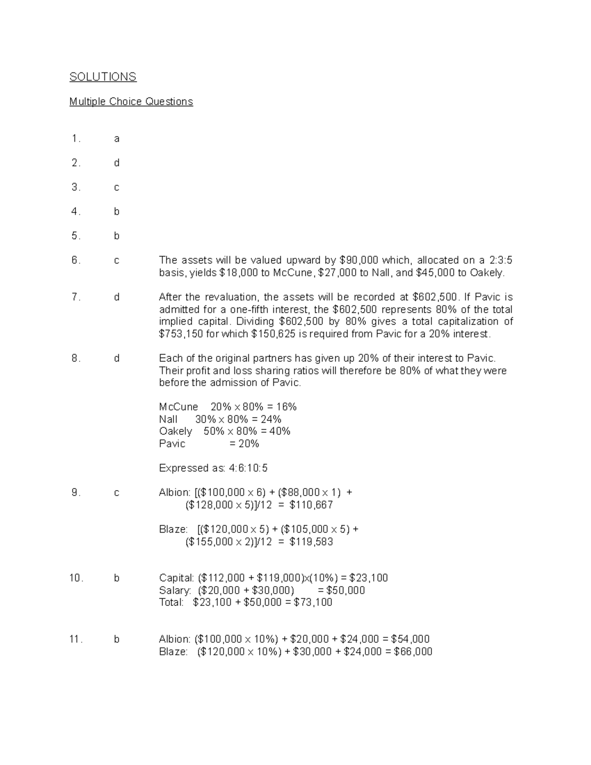 Solutions aud theory SOLUTIONS Multiple Choice Questions a d c b b c