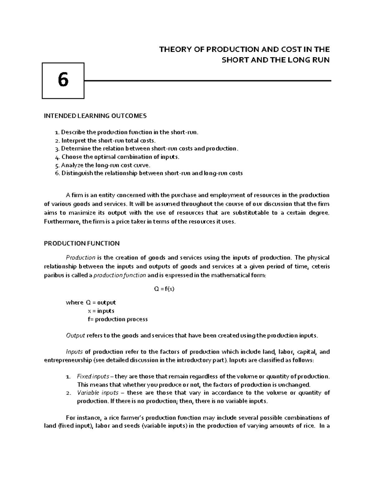 6 Theory OF Production AND COST - THEORY OF PRODUCTION AND COST IN THE ...