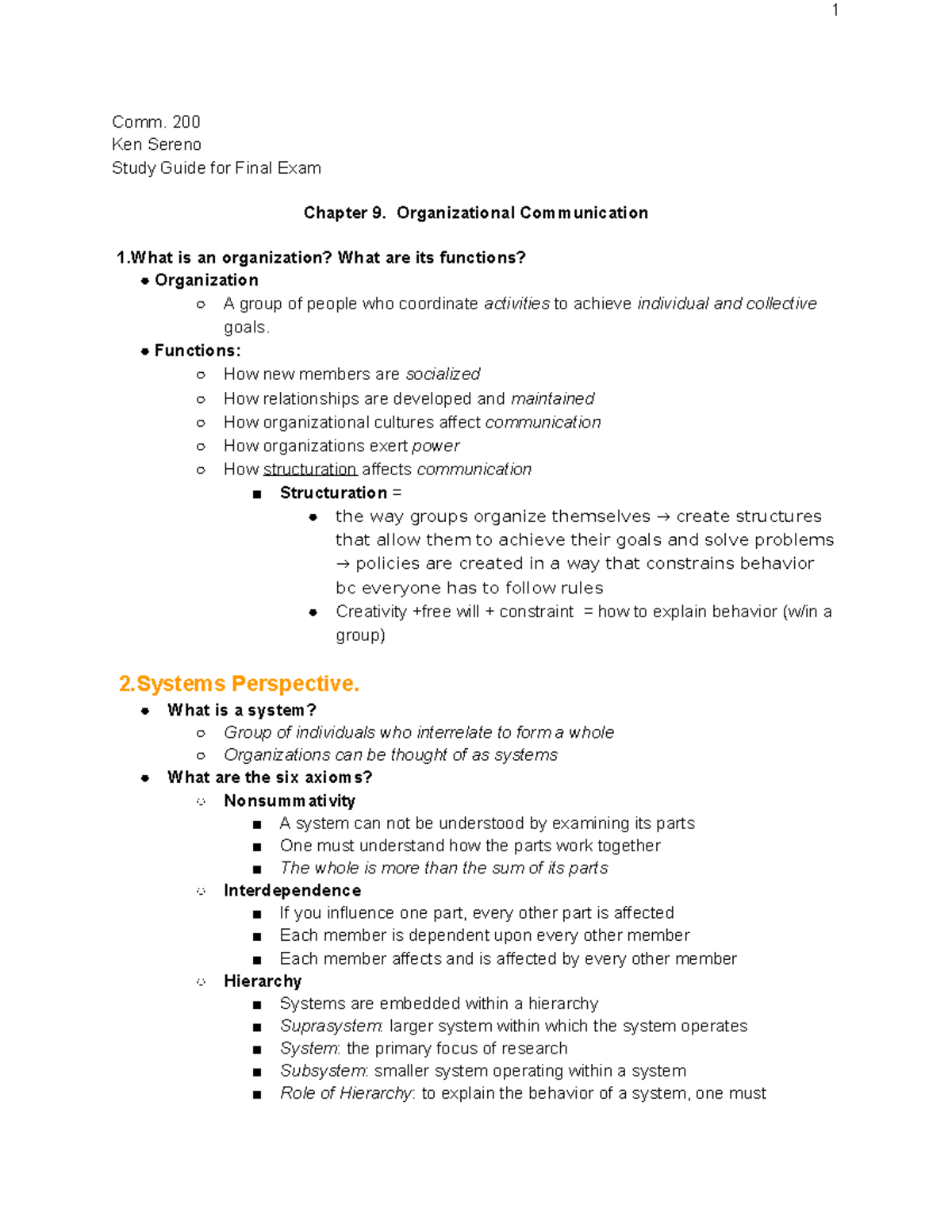 Study Guide - Comm. 200 Ken Sereno Study Guide for Final Exam Chapter 9 ...