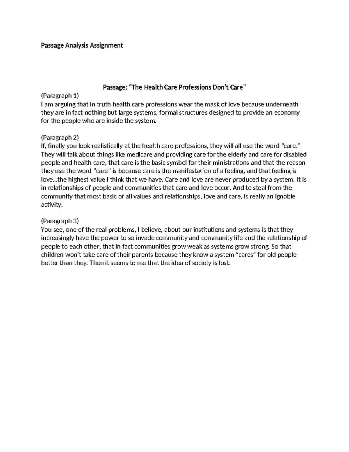 Passage Analysis Assignment - Passage Analysis Assignment Passage: “The ...