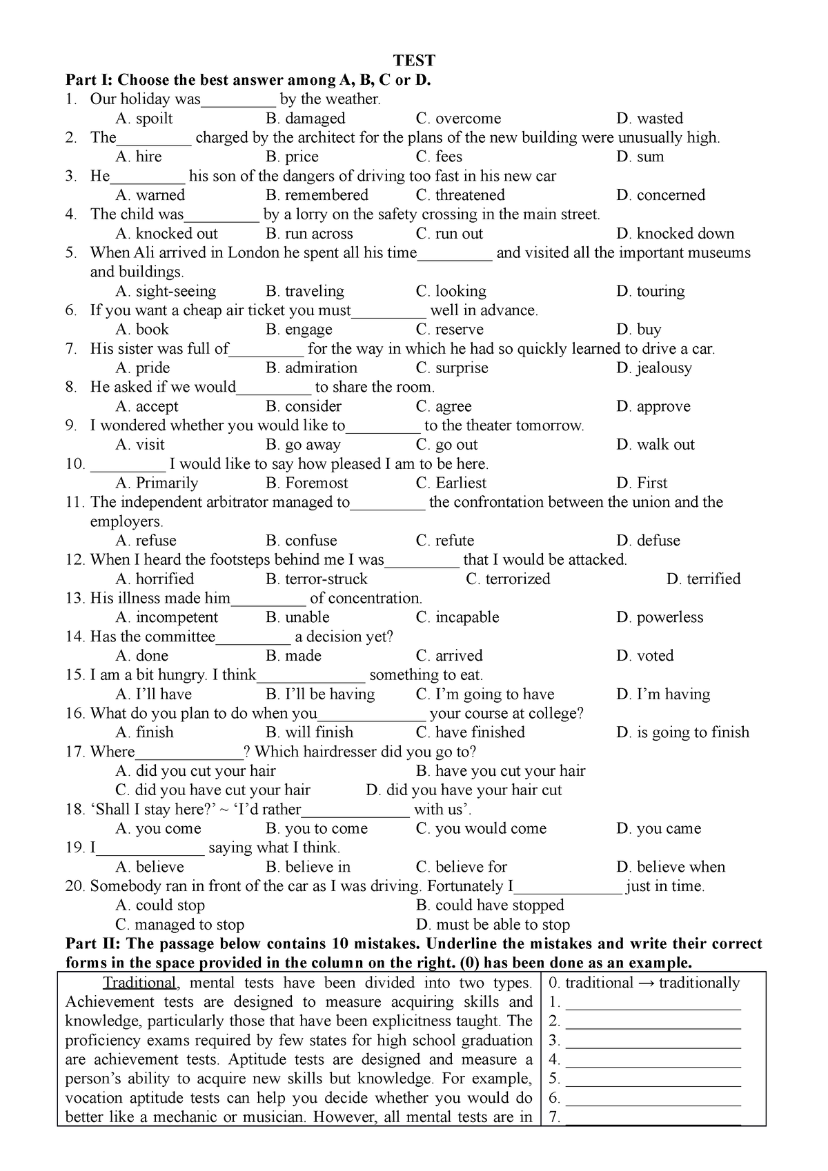 Test 12 - do it - TEST Part I: Choose the best answer among A, B, C or ...