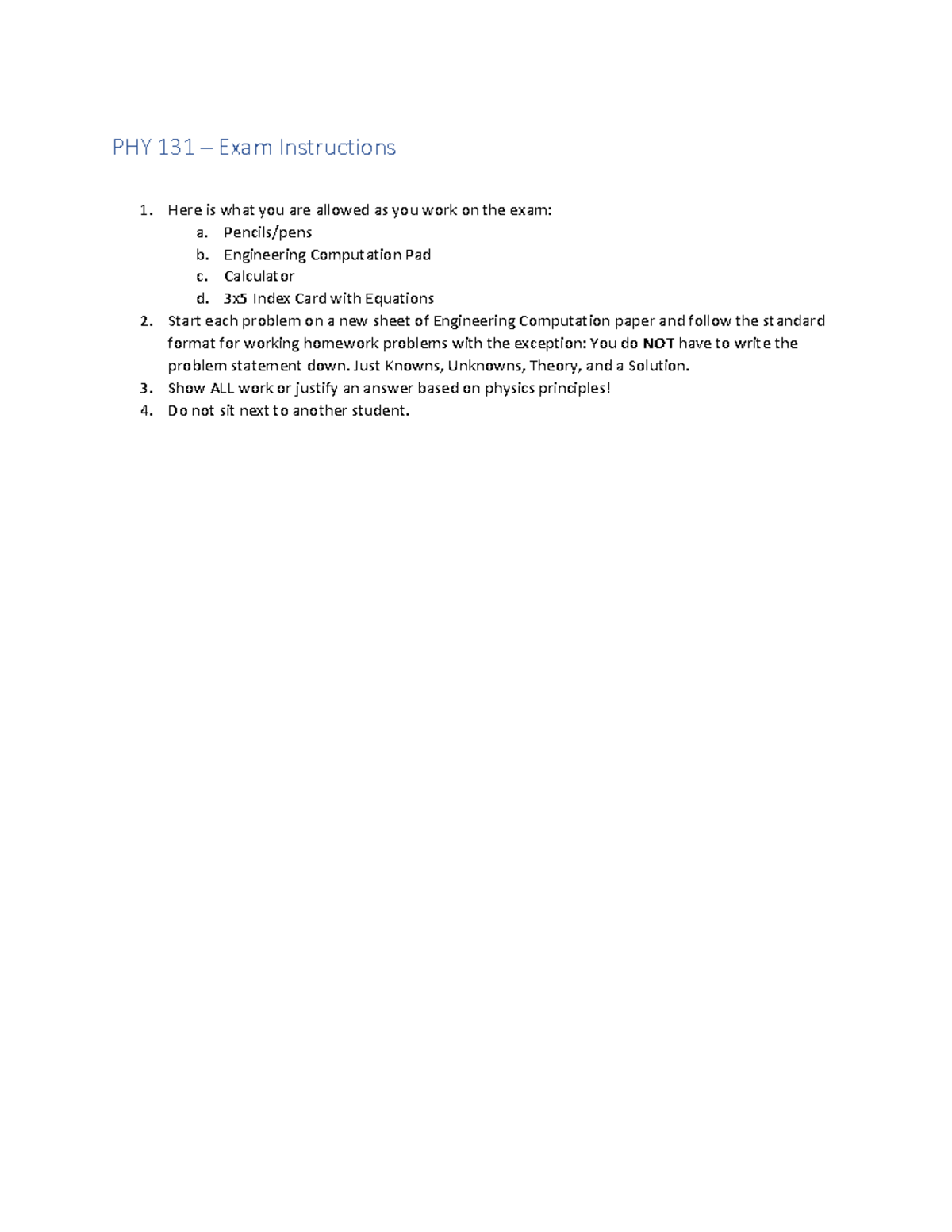 Exam1-PHY131-SEC001 - Notes - PHY 131 – Exam Instructions Here is what ...