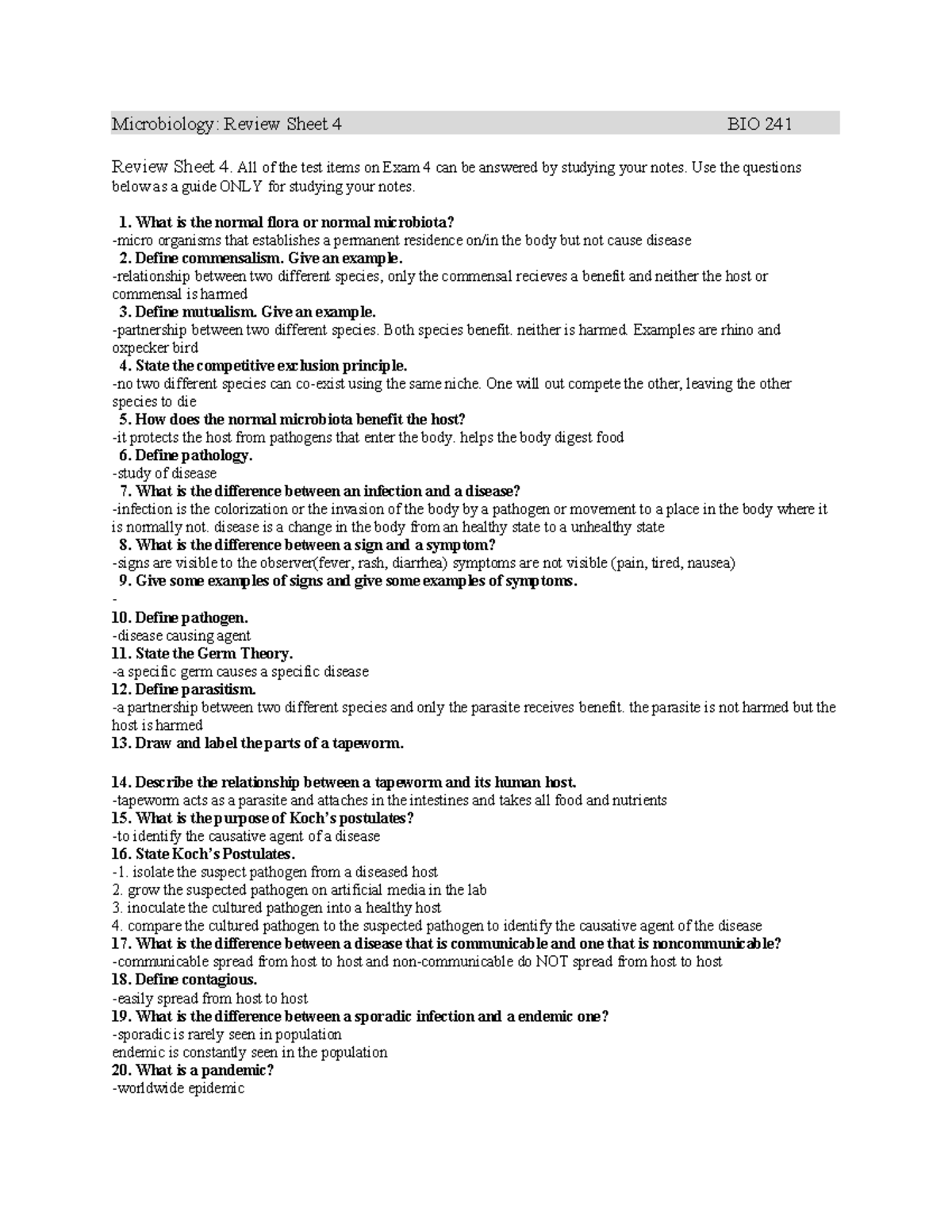 Micro Bio 241 Exam 4 Review - Microbiology: Review Sheet 4 BIO 241 ...