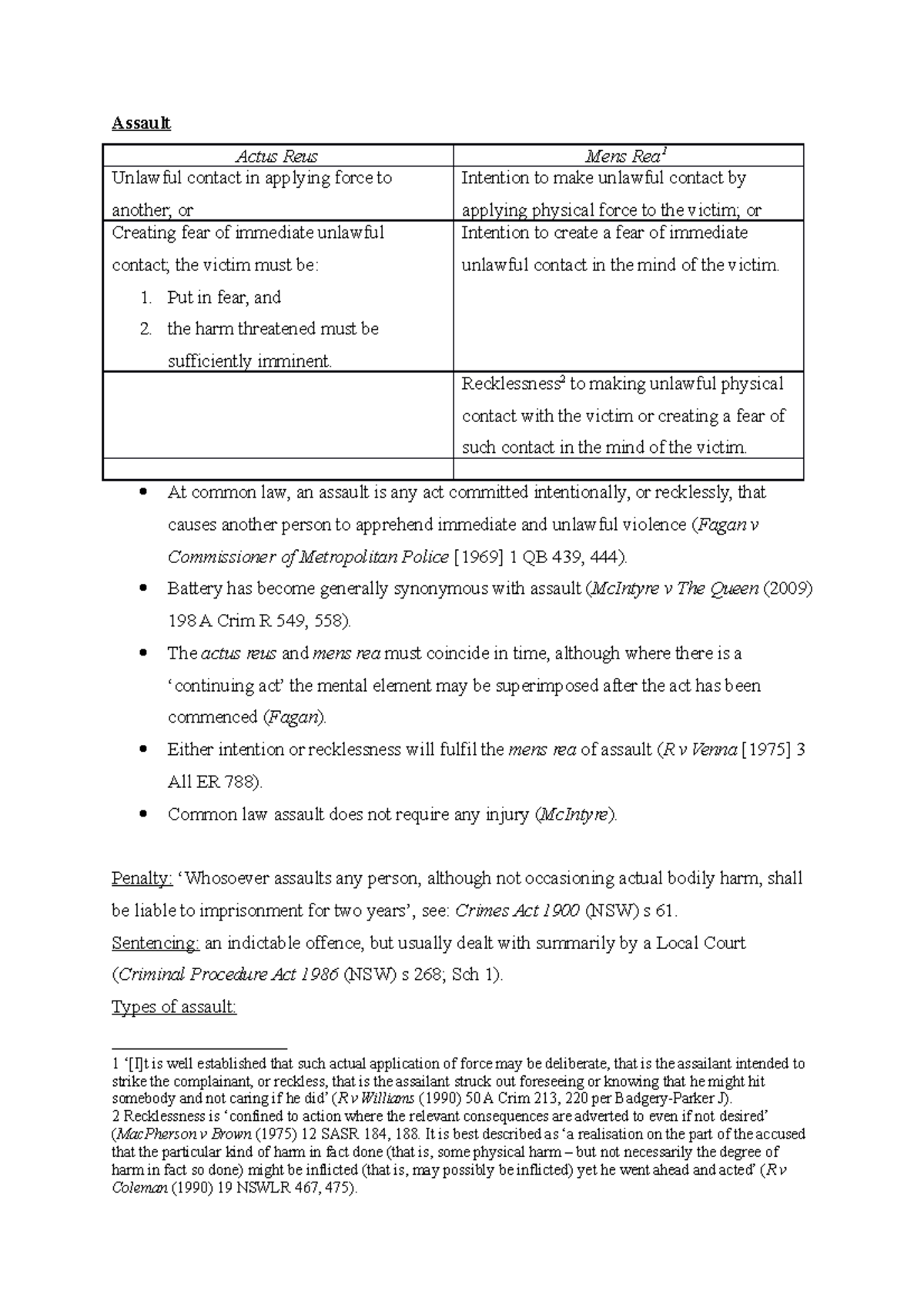 Criminal Law (Offences Against the Person) Summary - Assault Actus Reus ...