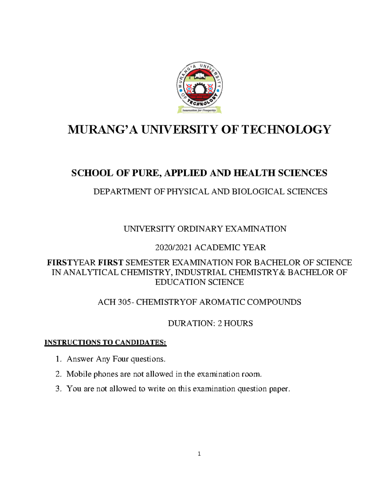 Ach305 Chemistry Of Aromatic Compounds Murang A University Of