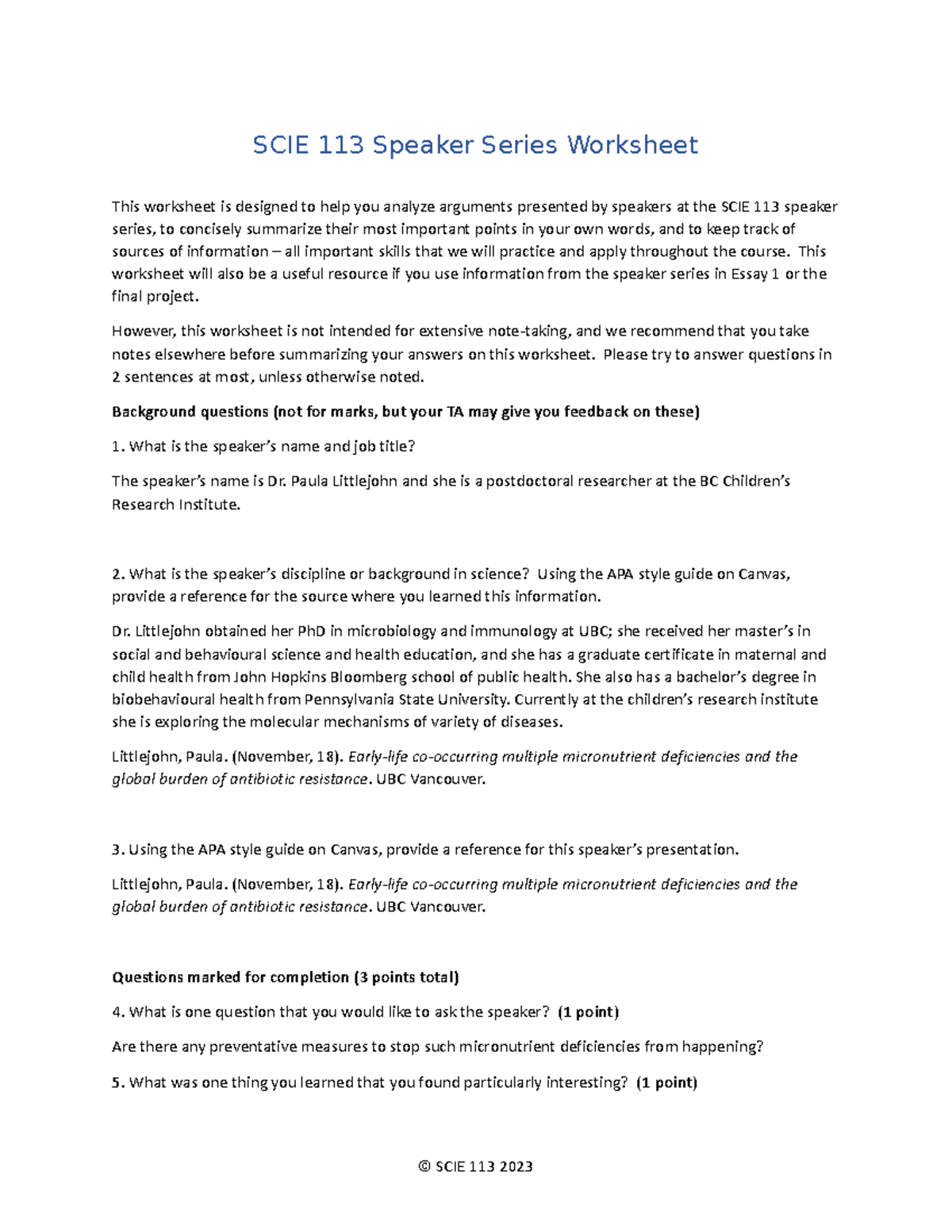 Worksheet Speaker Series - SCIE 113 Speaker Series Worksheet This ...