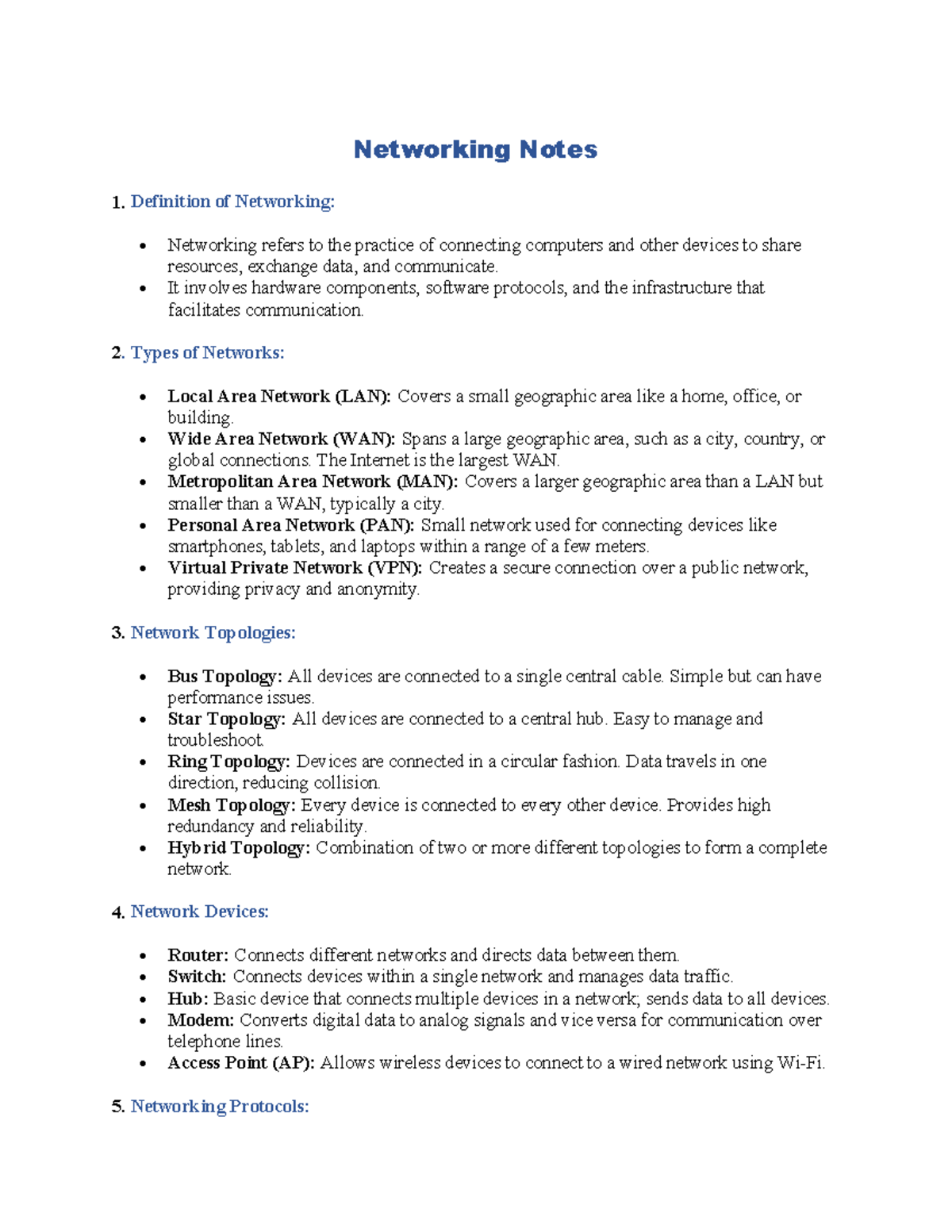 Networking oerview - Networking Notes 1. Definition of Networking ...