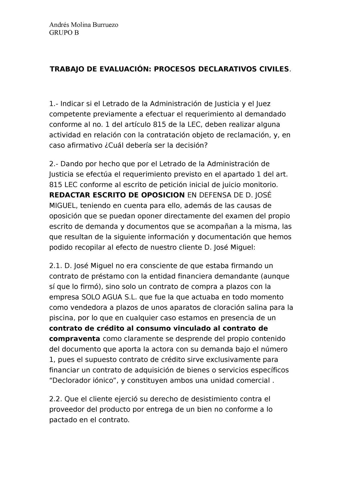 Trabajo DE Evaluación Civil - GRUPO B TRABAJO DE EVALUACIÓN: PROCESOS ...